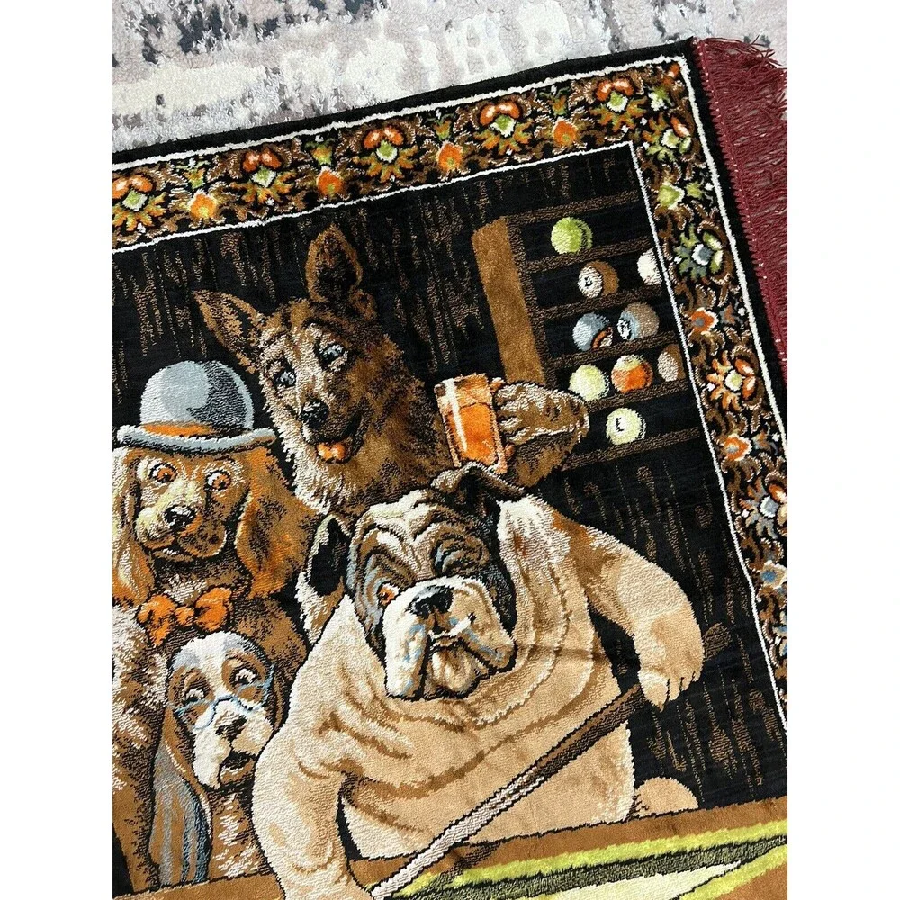 Vtg P&C Wall Tapestry Dog Pool Billiard Man Cave Made In Italy Bar Decor 38x56